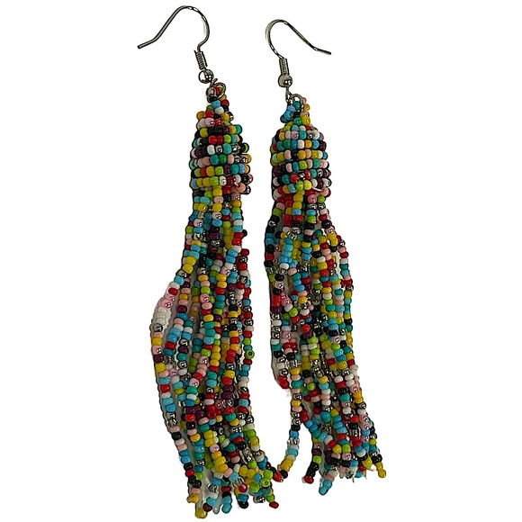 Seed bead rainbow tassel earrings, bright vibrant colors! NEW - Picture 4 of 7